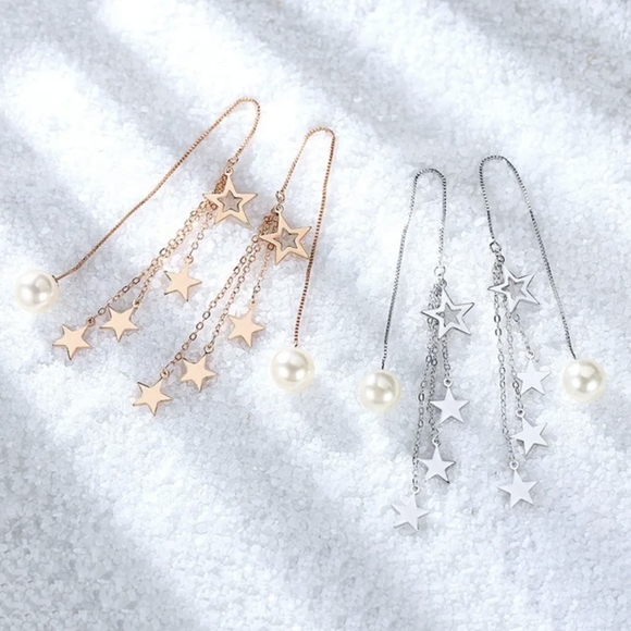 Sterling Silver Dangling Chain Earing for Women,Star,Pearl,Gift,Teens,Bridal - Picture 2 of 3